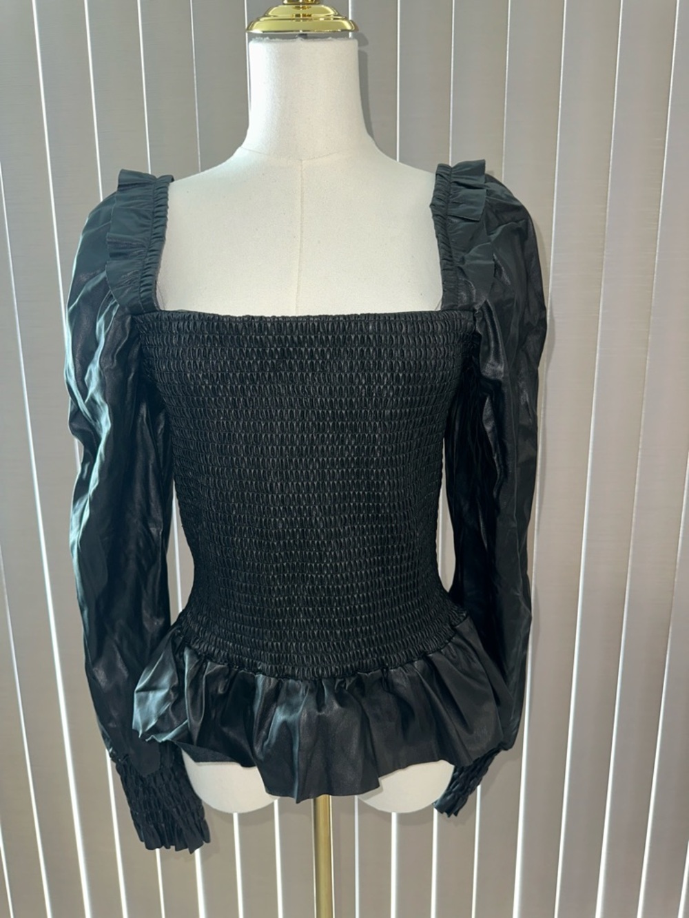 7 For All Mankind Black Smocked Puff Sleeve Peplum Top